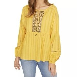 Sanctuary Golden Yellow Embroidered Peasant Boho Top Balloon Sleeves Empire M